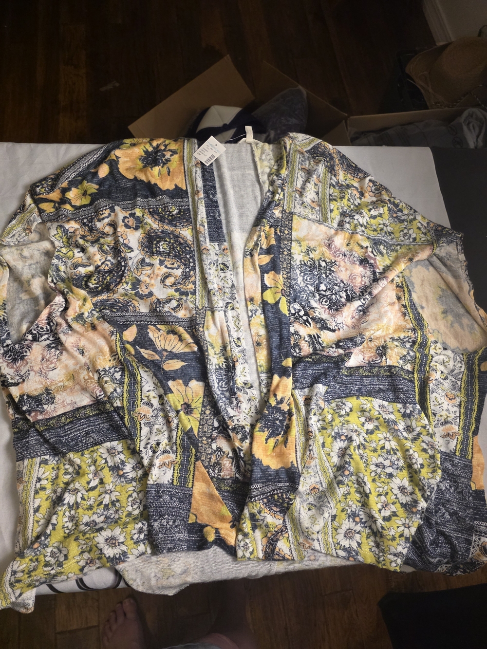 0Floral Patchwork Open-Front Women's Cardigan Kimono Jacket - Yellow & Navy S/M